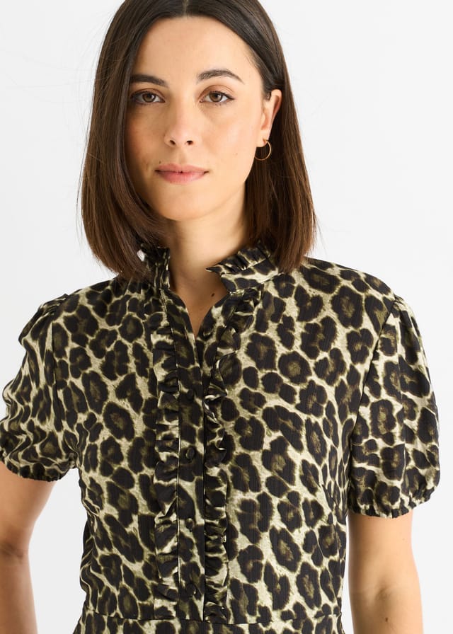 Gini London Gini London Women's Green Animal Print Ruffle Neck Midi Dress - 2