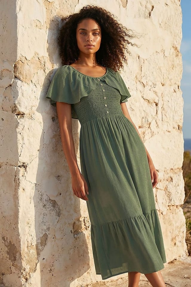 Dusk Dusk Women's Shirred Frill Maxi Dress in Olive - 2