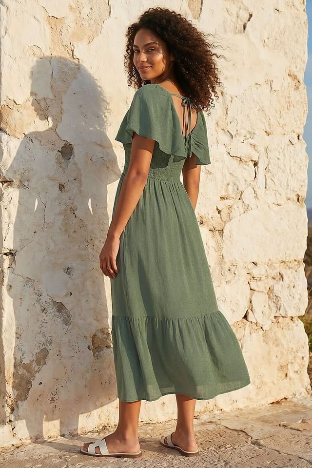 Dusk Dusk Women's Shirred Frill Maxi Dress in Olive - 3