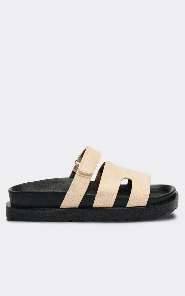 EGO Dawn Gladiator Velcro Strap Chunky Slider Sandal In Beige Faux Suede, Women's Size UK 3 - 2