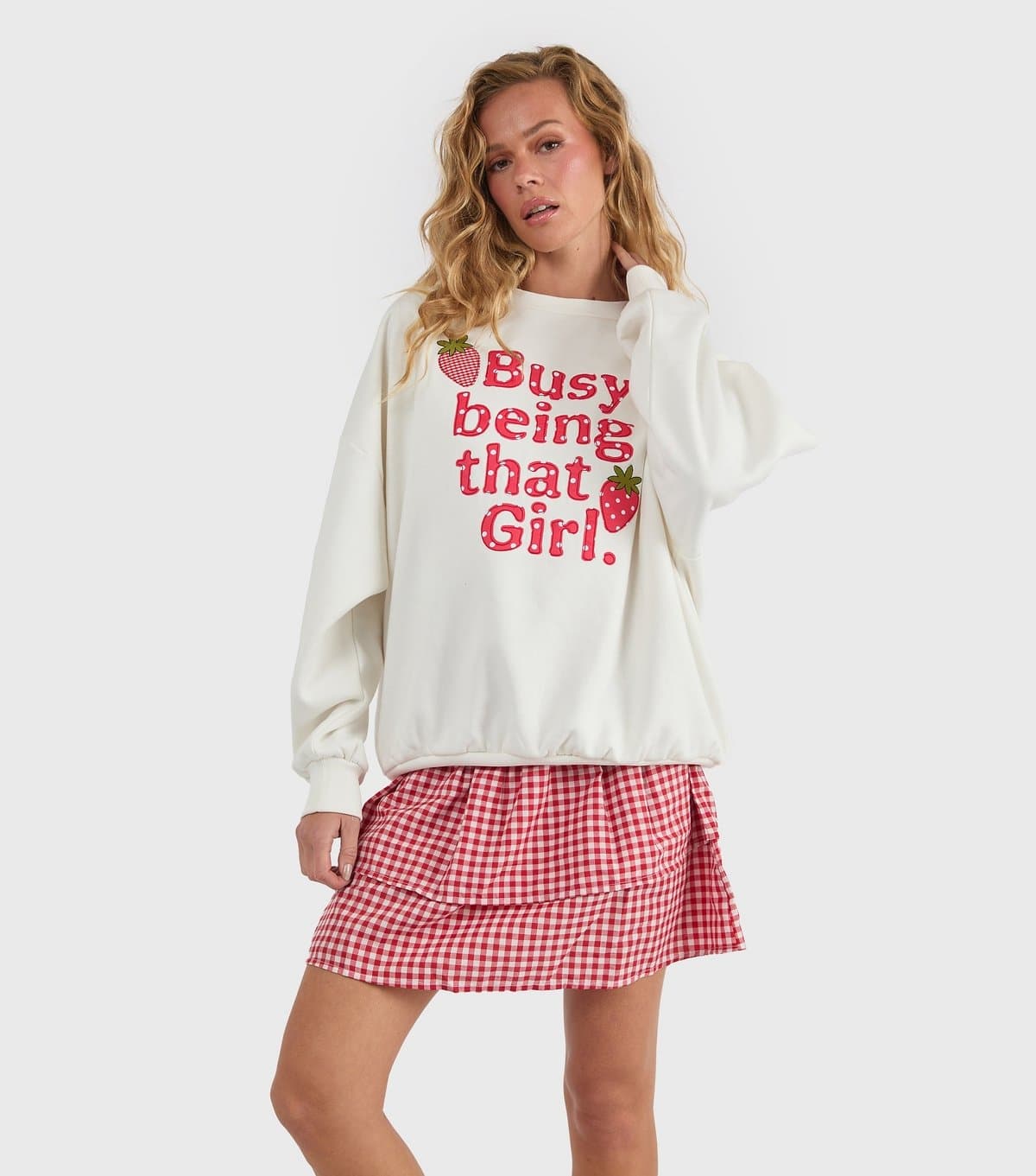 Skinnydip Women's White Busy Being That Girl Strawberry Embroidered Sweatshirt Skinnydip New Look