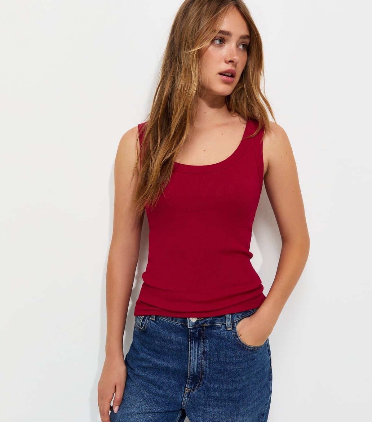 New Look New Look Bright Red Cotton Ribbed Scoop Neck Vest Top