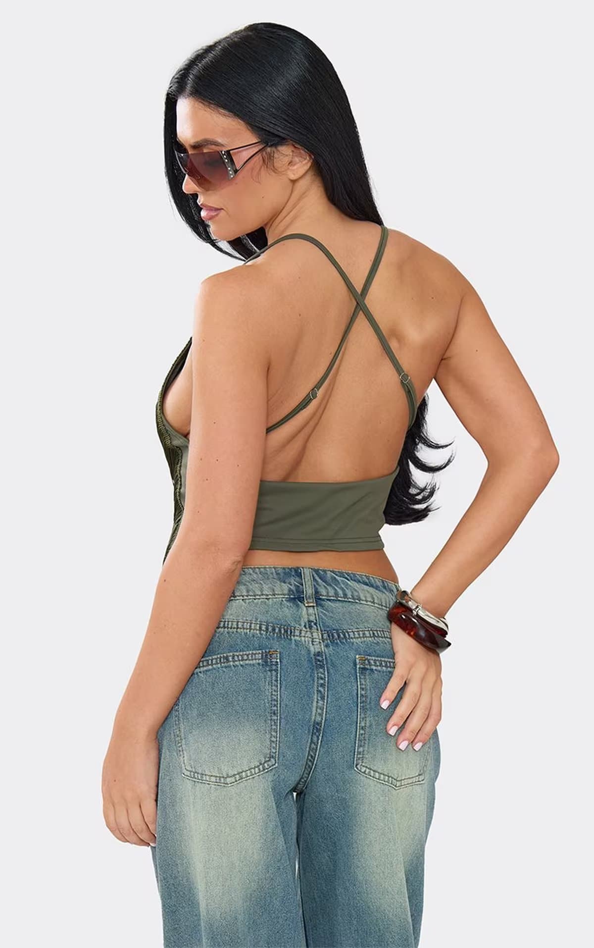 EGO Strappy Cowl Front Fringing Detail Crop Top In Khaki, Women's Size UK 4