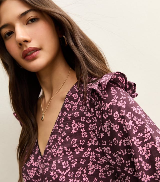 New Look Women's Dark Red Floral Frill Trim Mid Dress New Look - 3