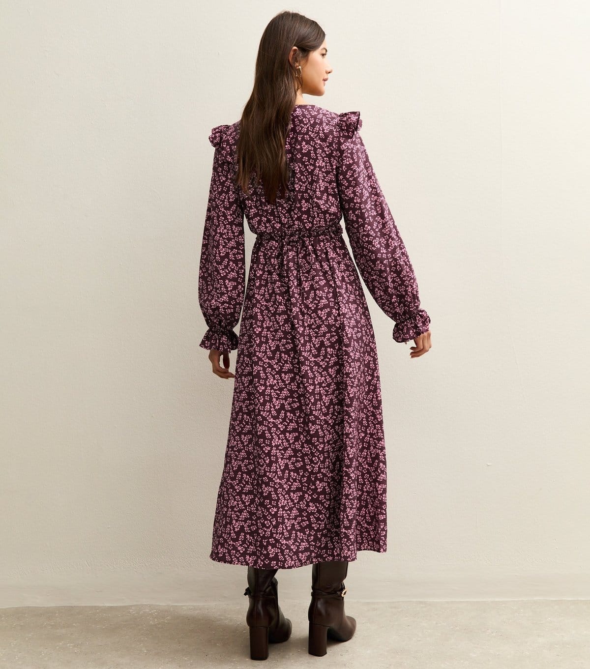 New Look Women's Dark Red Floral Frill Trim Mid Dress New Look - 4