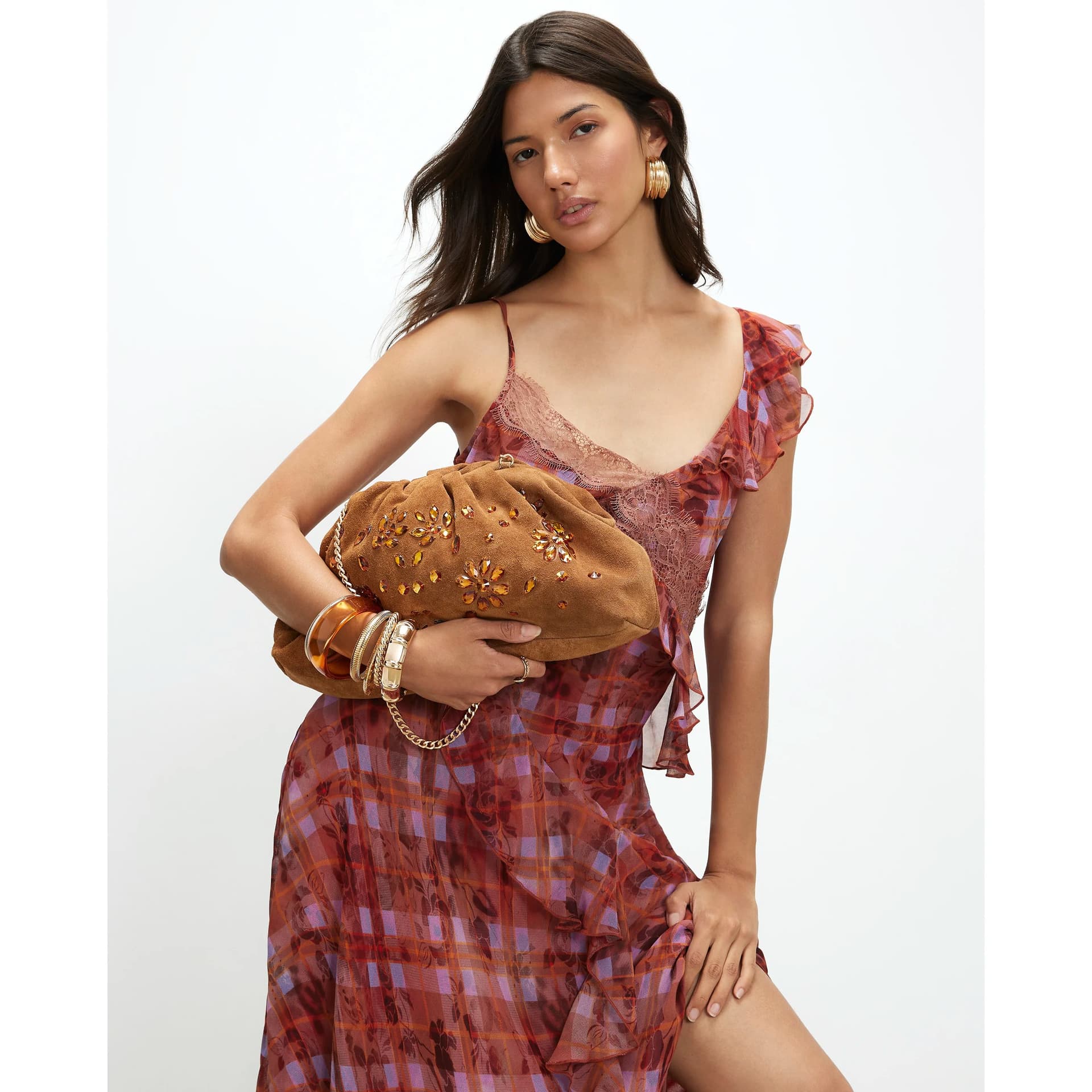 River Island River Island Womens Brown Suede Embellished Ruched Clutch Bag