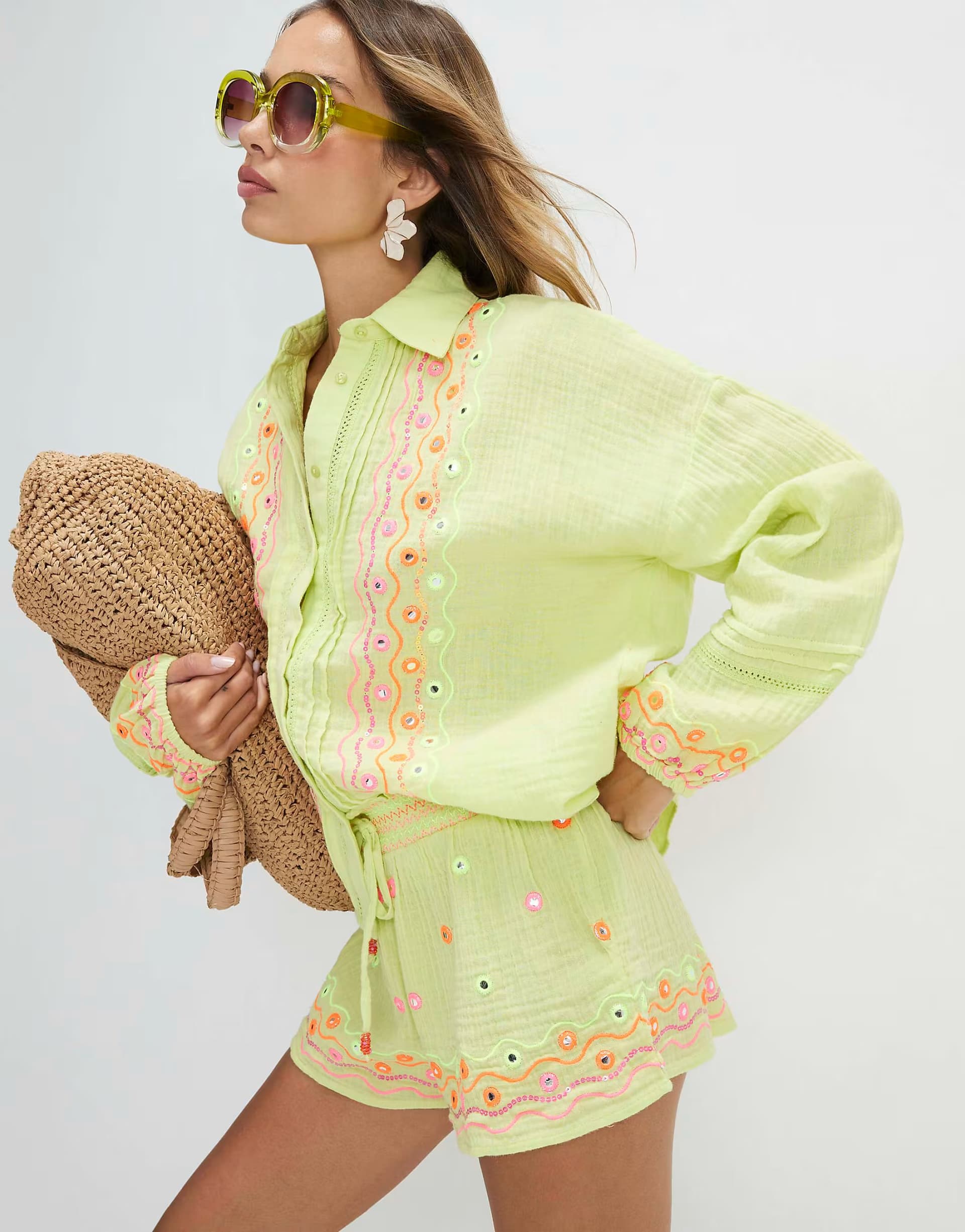 ASOS River Island Cotton mirror embroidered shirt in lime