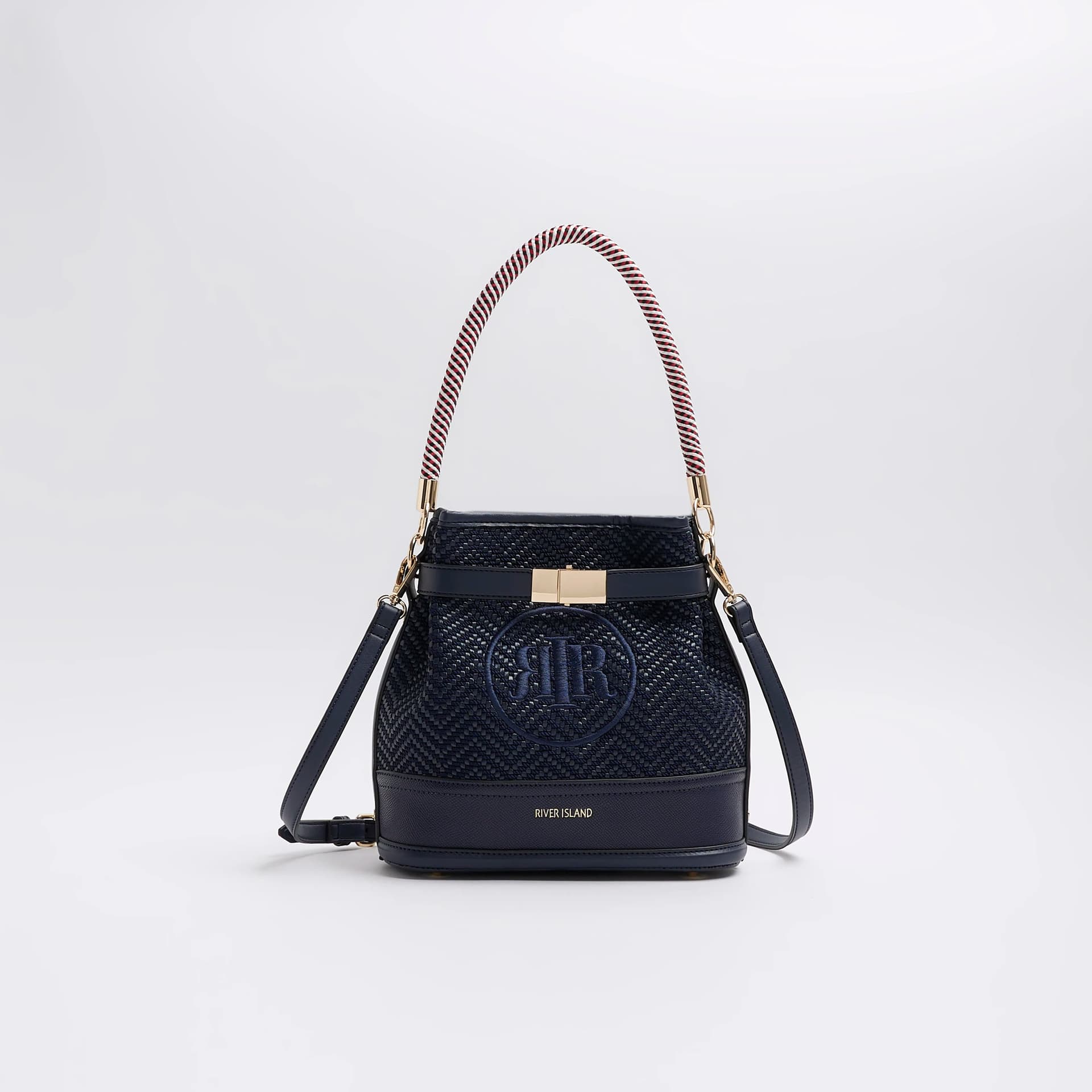 River Island River Island Womens Navy Weave Embroidered Bucket Cross Body Bag