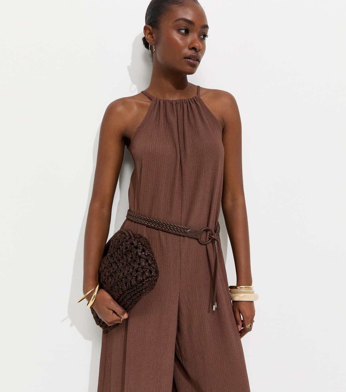New Look Women's Dark Brown Crinkle Texture Halter Neck Jumpsuit New Look