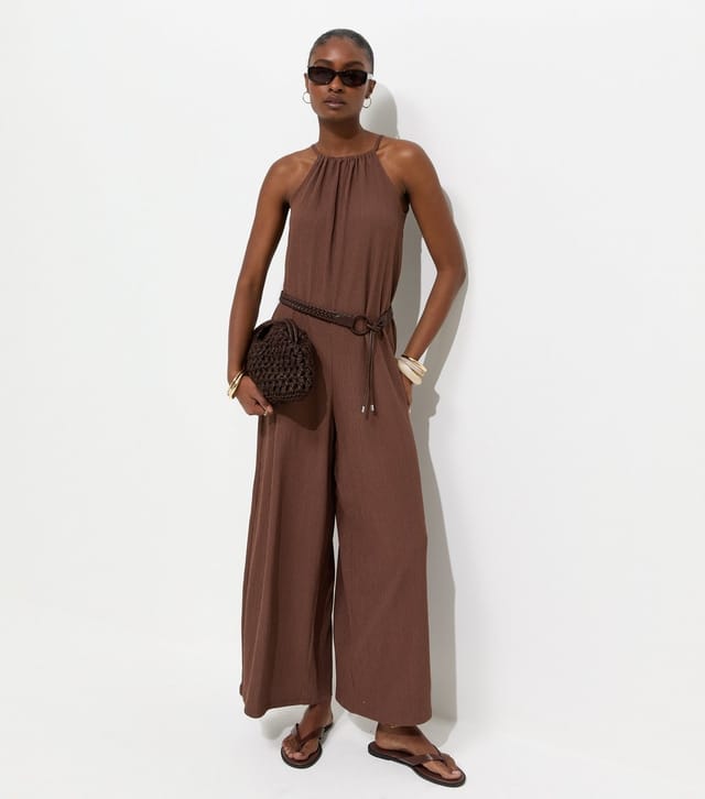 New Look Women's Dark Brown Crinkle Texture Halter Neck Jumpsuit New Look - 2