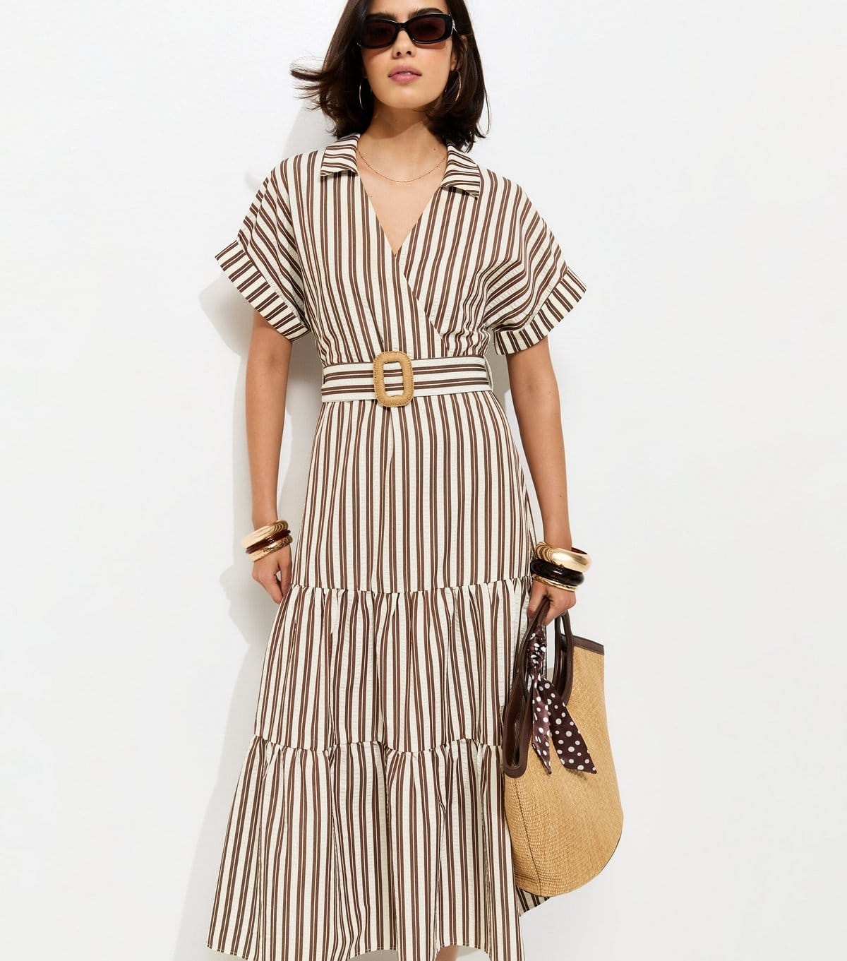 Women's Brown Striped Tiered Wrap Midi Dress New Look