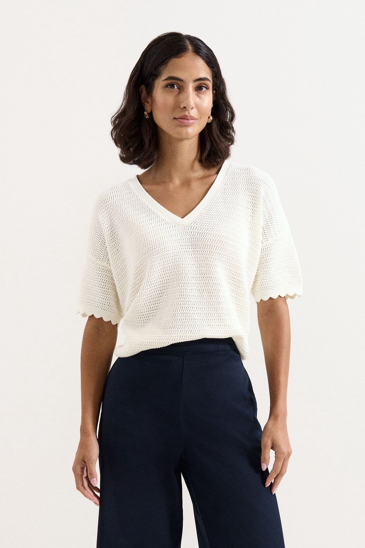 Phase Eight White Cotton V-Neck Short Sleeve Jumper