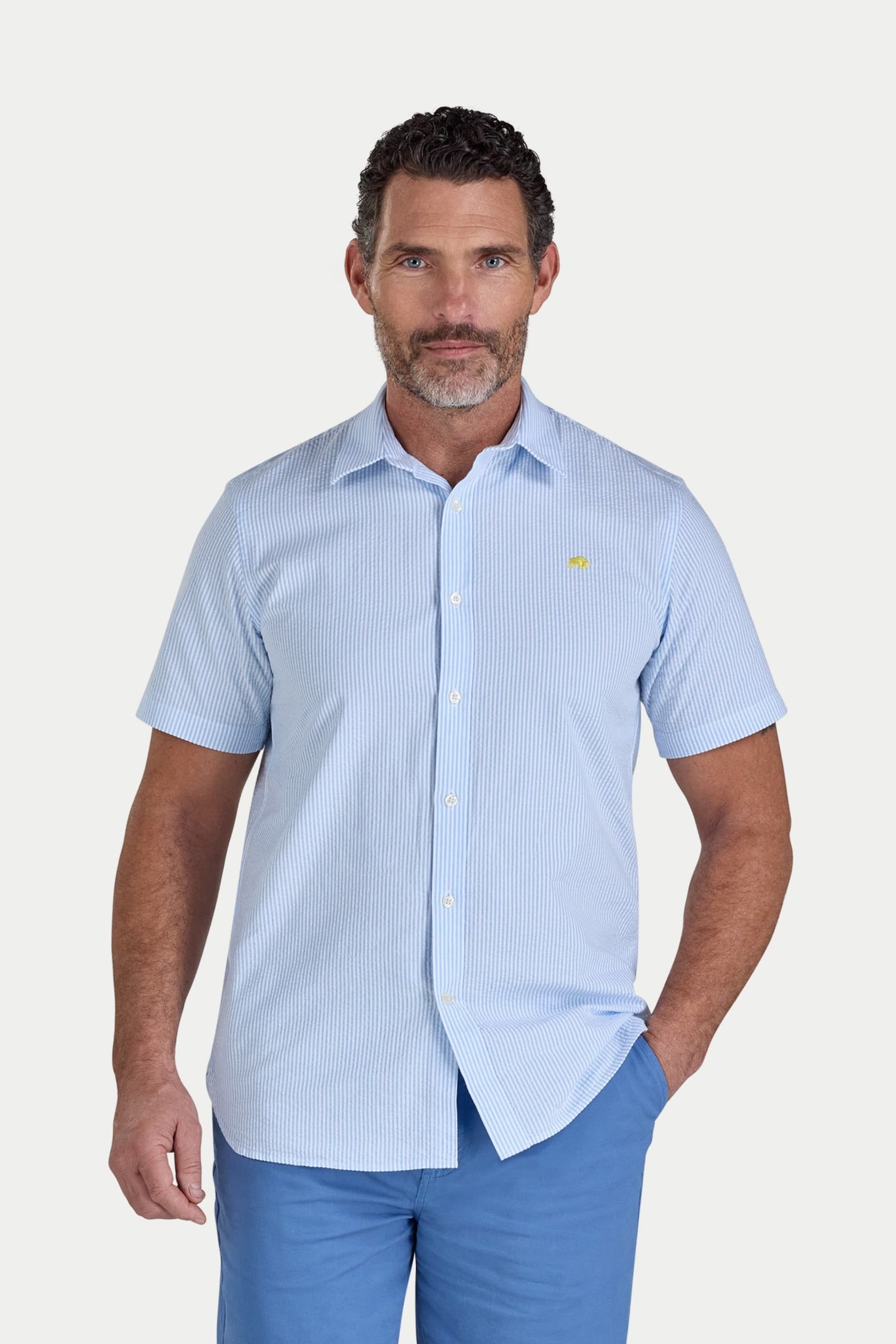 raging bull Raging Bull Men's Short Sleeve Bournmouth Stripe Linen Shirt in Light Blue