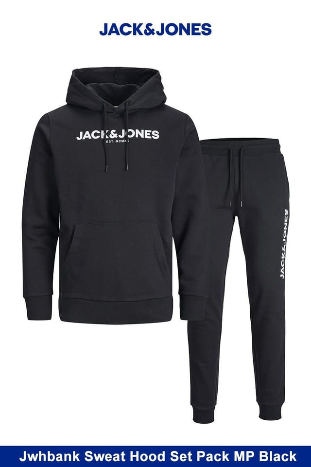 jack & jones Jack & Jones Men's Hoodie & Joggers Set Black Sweat Tracksuit Loungewear - 2