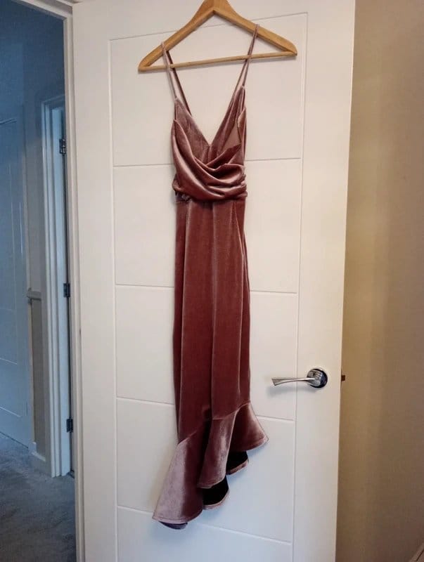 ASOS Dusty Pink Velvet Midi Dress with Cross-Over Back