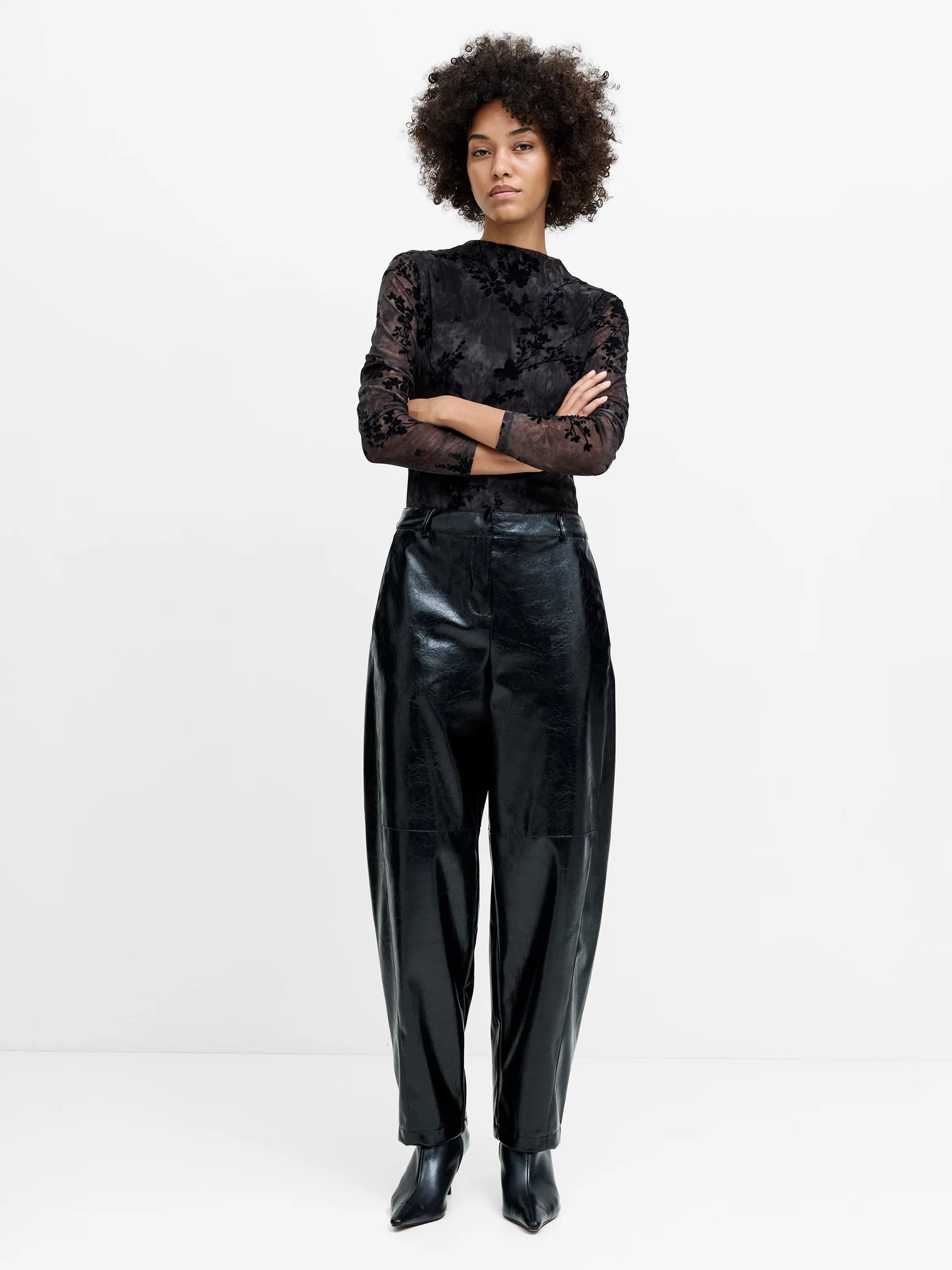French Connection Juniper Black PU Barrel Leg Trousers Black Faux Leather