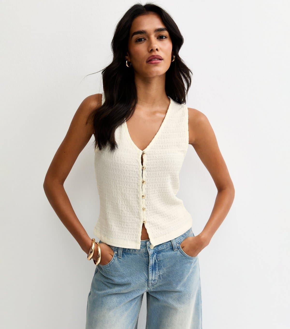 New Look Women's Off White Textured Gold Button Through Tank Top New Look