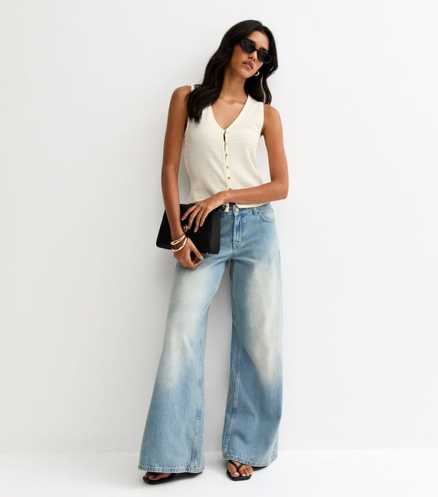 New Look Women's Off White Textured Gold Button Through Tank Top New Look - 2