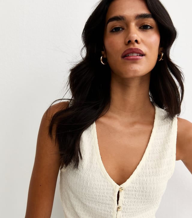 New Look Women's Off White Textured Gold Button Through Tank Top New Look - 3