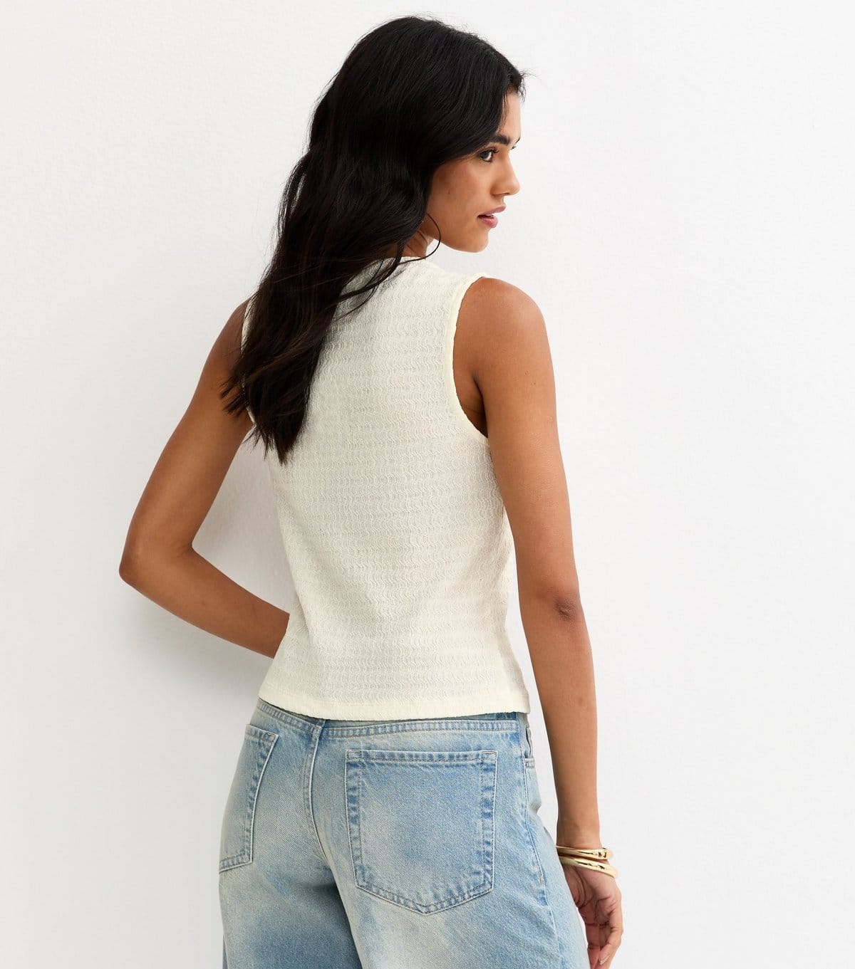 New Look Women's Off White Textured Gold Button Through Tank Top New Look - 4