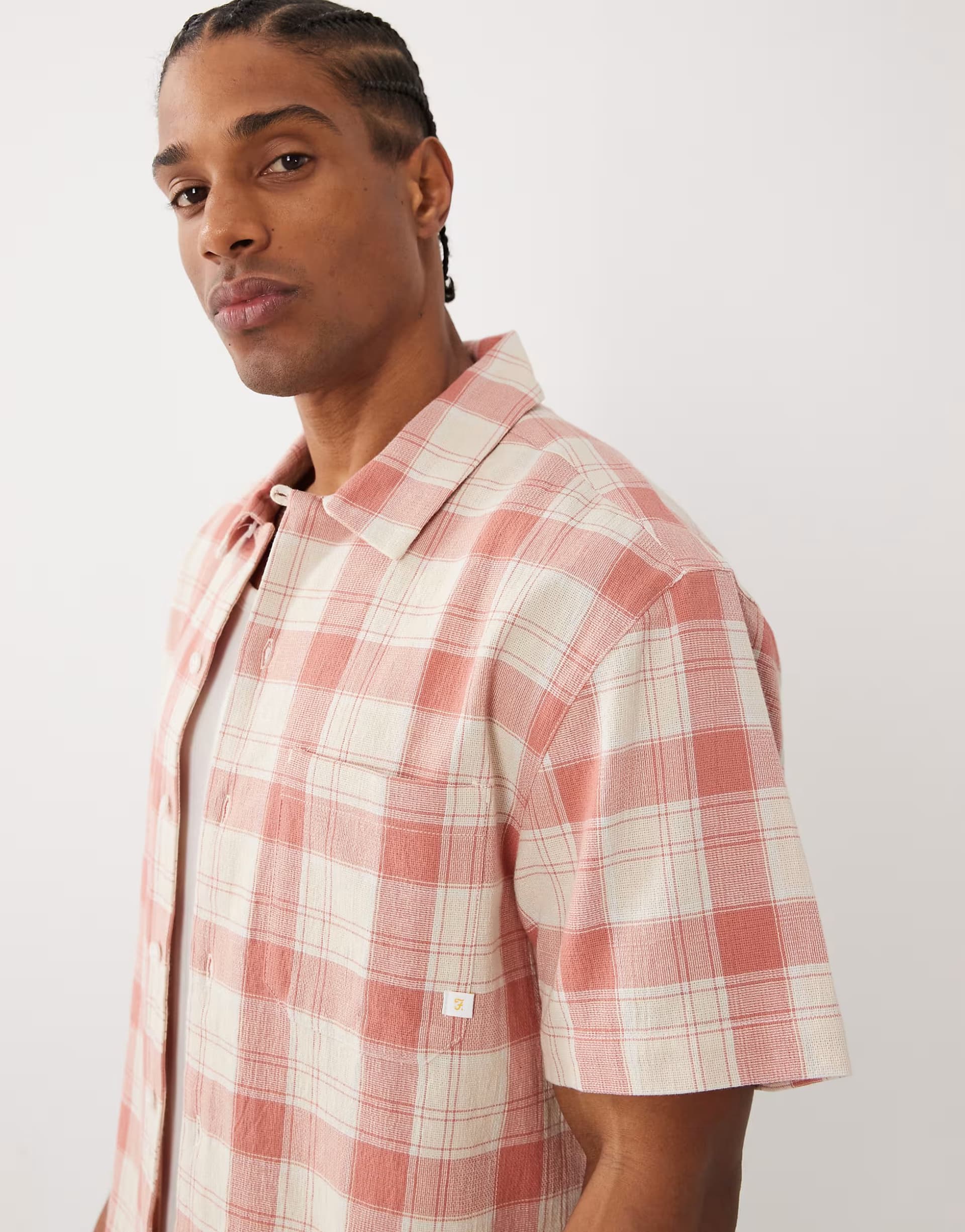 ASOS Farah Alden short sleeve check logo shirt in red/white