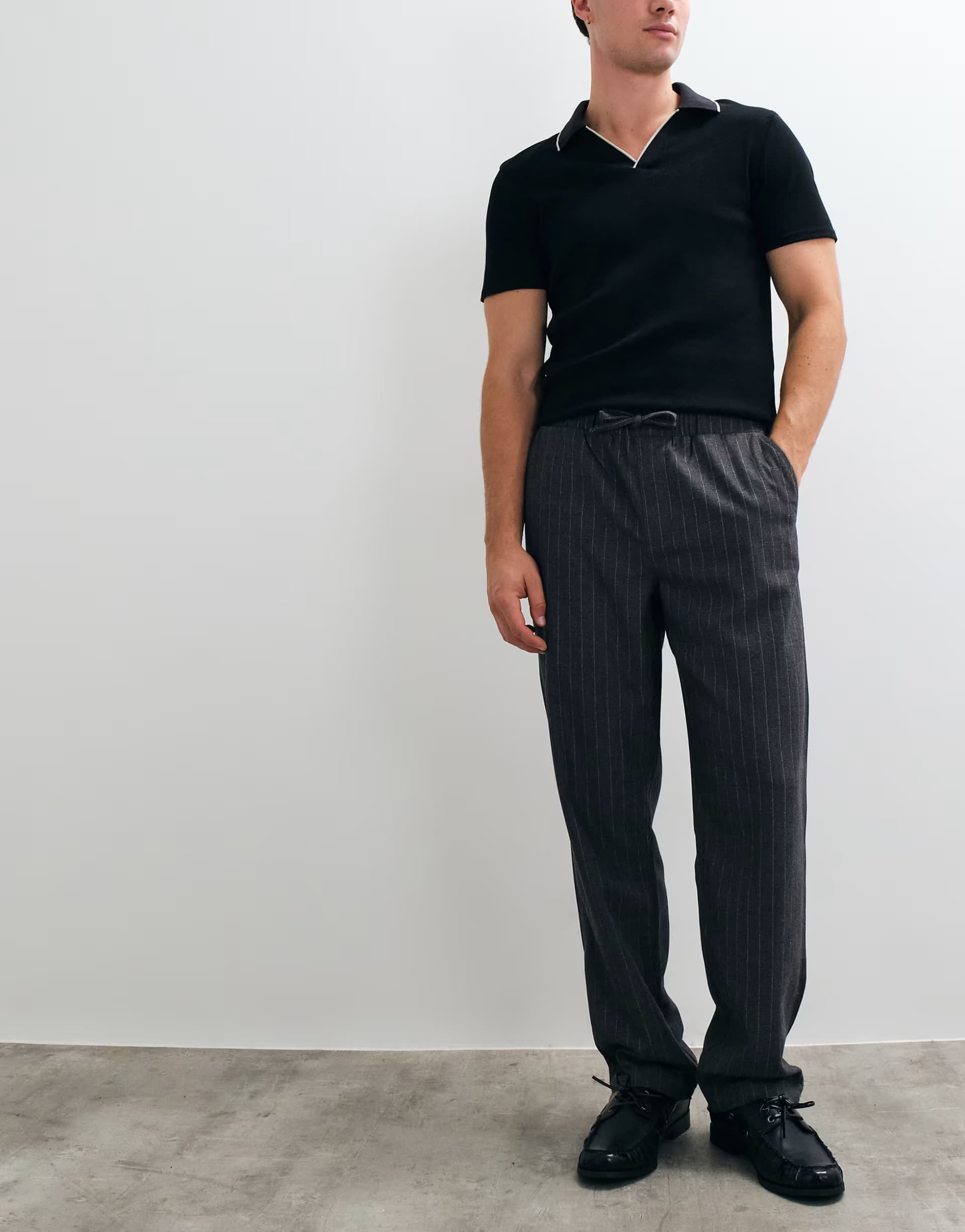 ASOS ASOS DESIGN straight trouser in grey pinstripe with drawstring