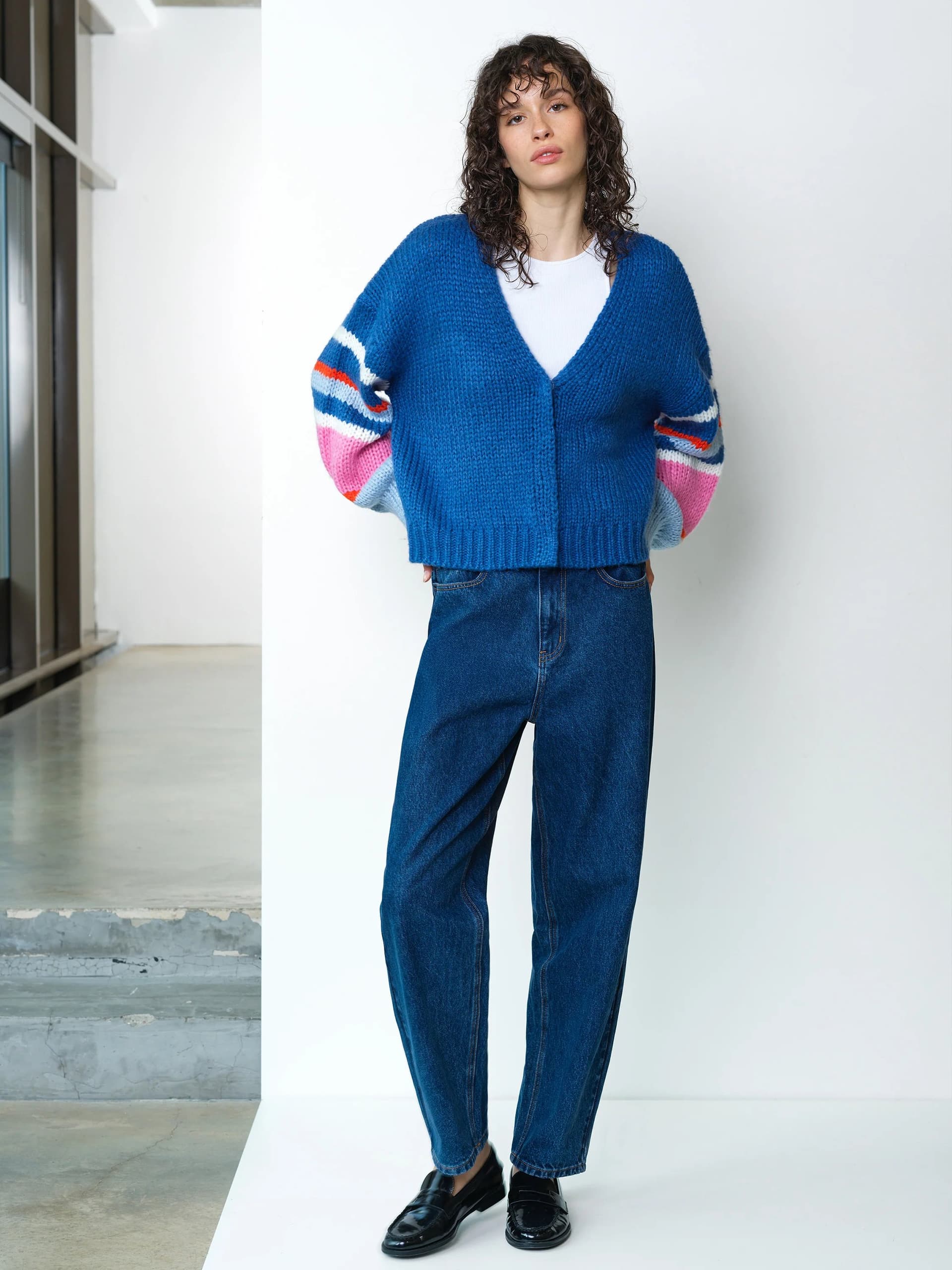 French Connection Monroe Colour Striped Sleeve Cardigan Azure Blue Multi Coloured