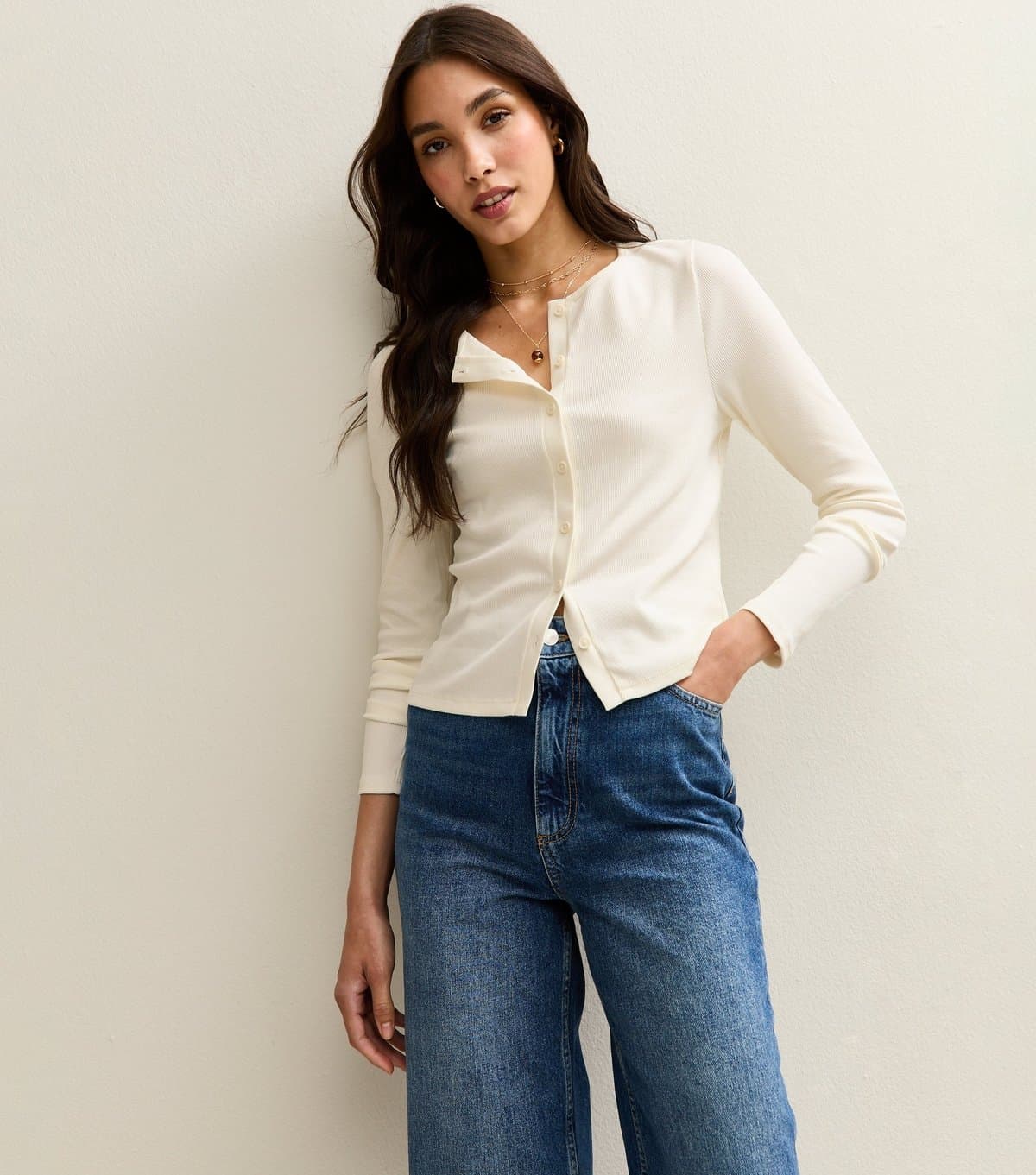 New Look Women's Cream Rib Crew Neck Cardigan New Look