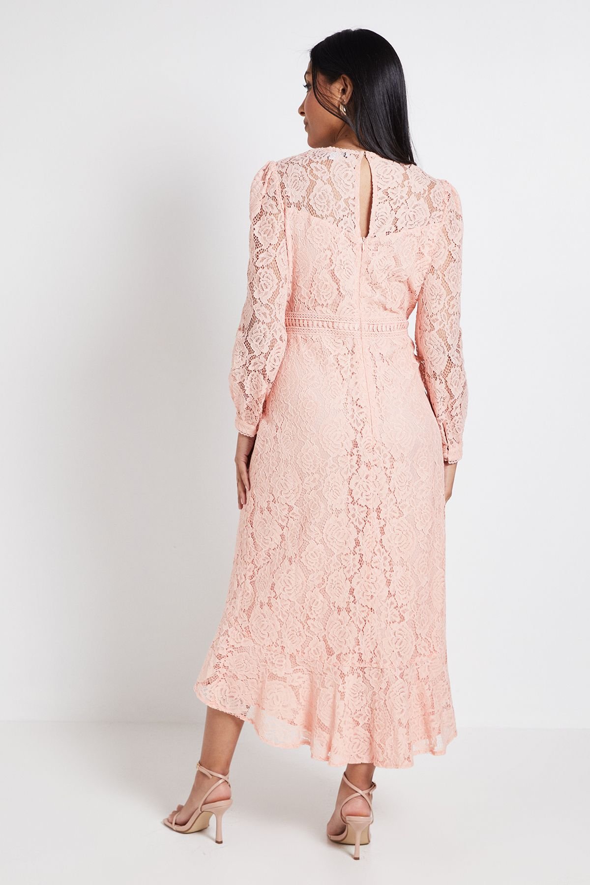 Wallis Wallis Women's Petite Lace High Neck Ruffle Midi Dress in Peach - 3