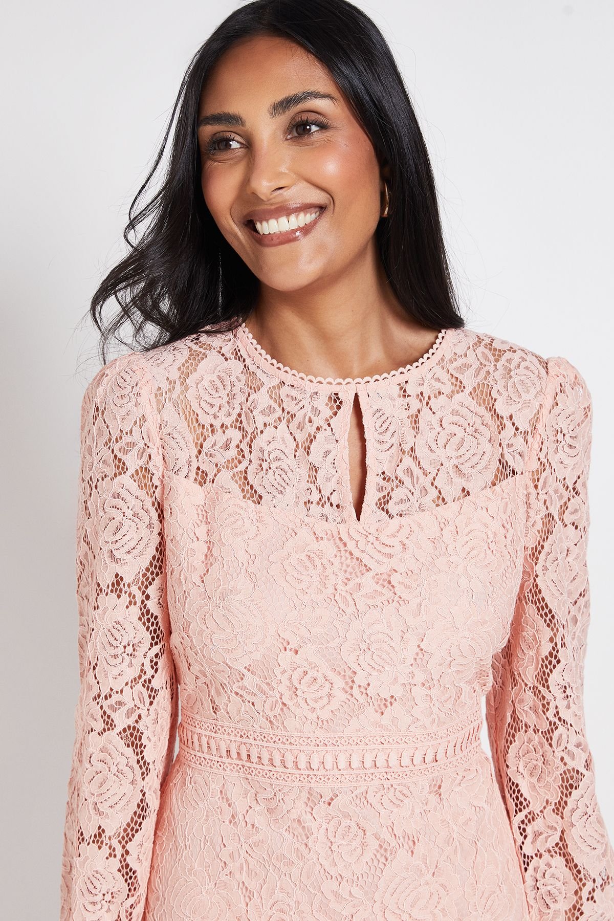 Wallis Wallis Women's Petite Lace High Neck Ruffle Midi Dress in Peach - 4