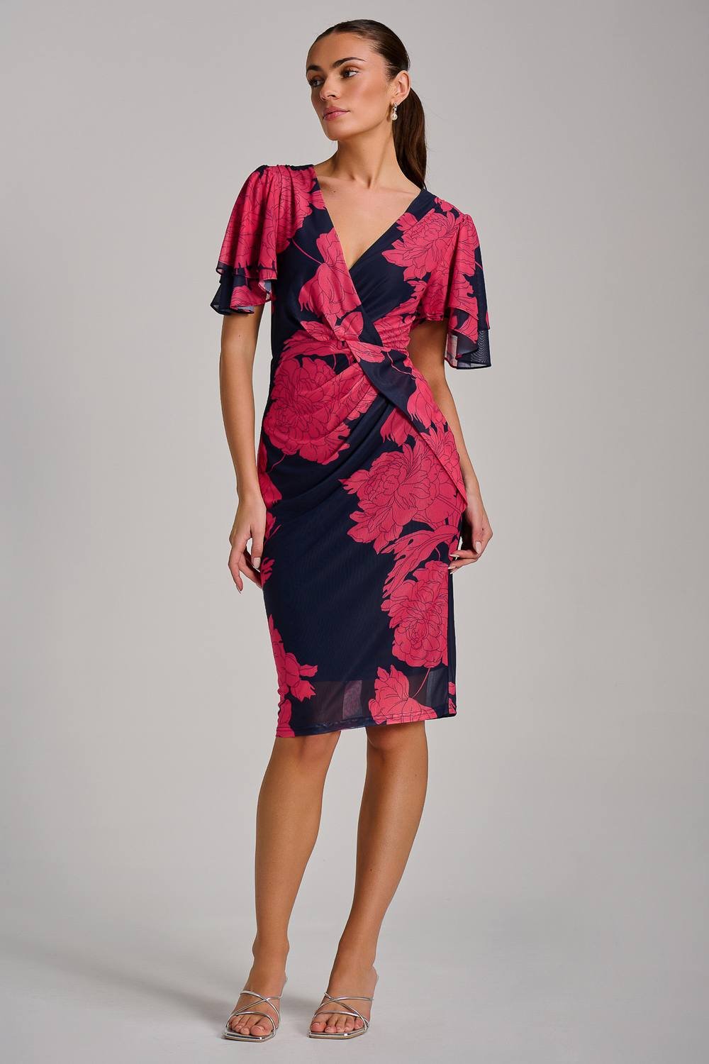 Jolie Moi Jolie Moi Women's Angel Sleeve Ruched Mesh Bodycon Dress in Dark Navy - 3