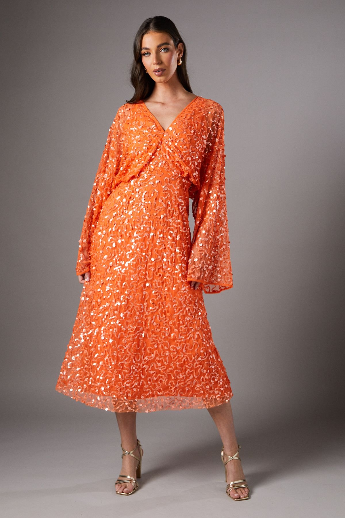 Coast Coast Women's Sequin Batwing Midi Dress in Orange - 2