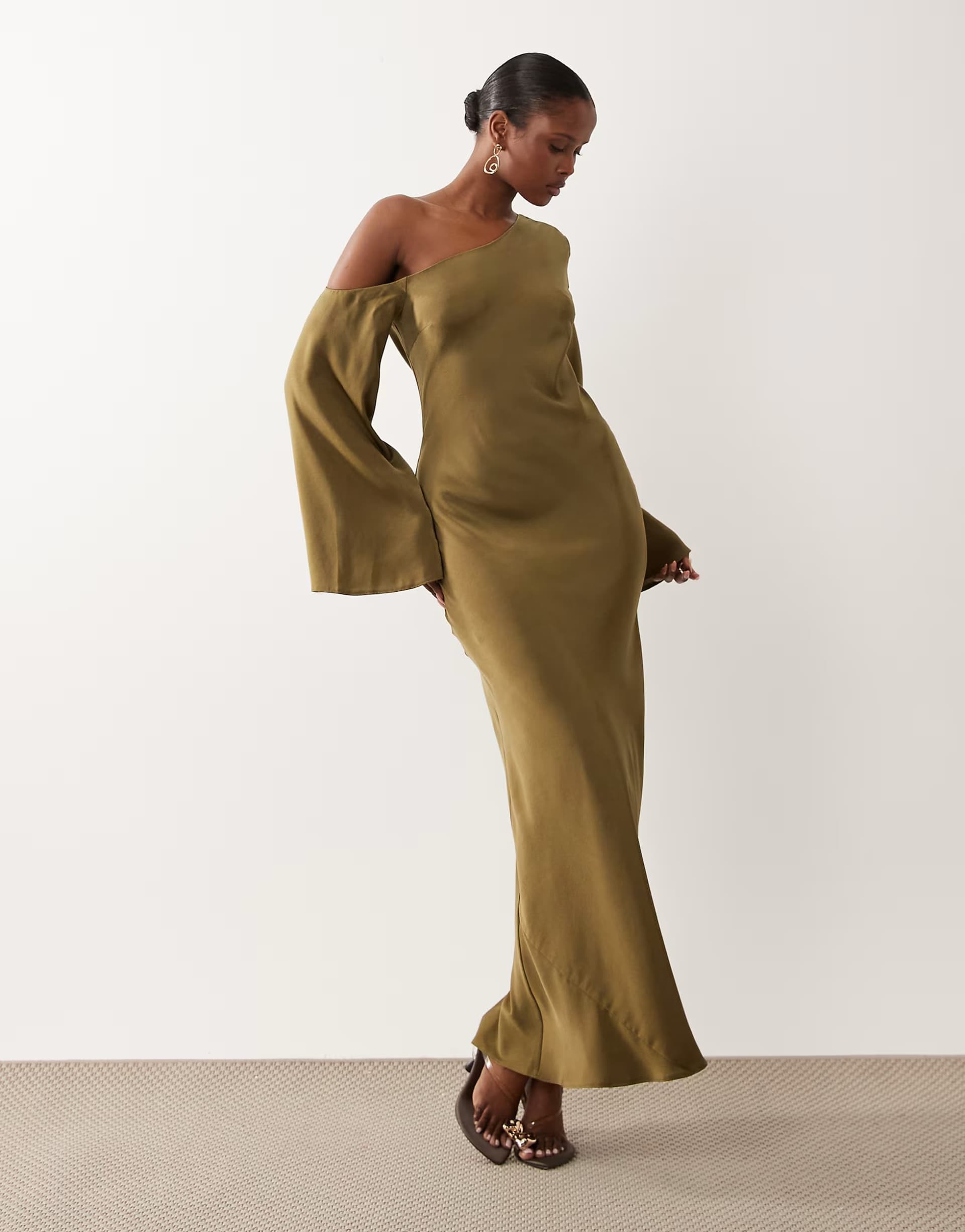 ASOS ASOS DESIGN fallen shoulder long sleeve column maxi dress in khaki brown
