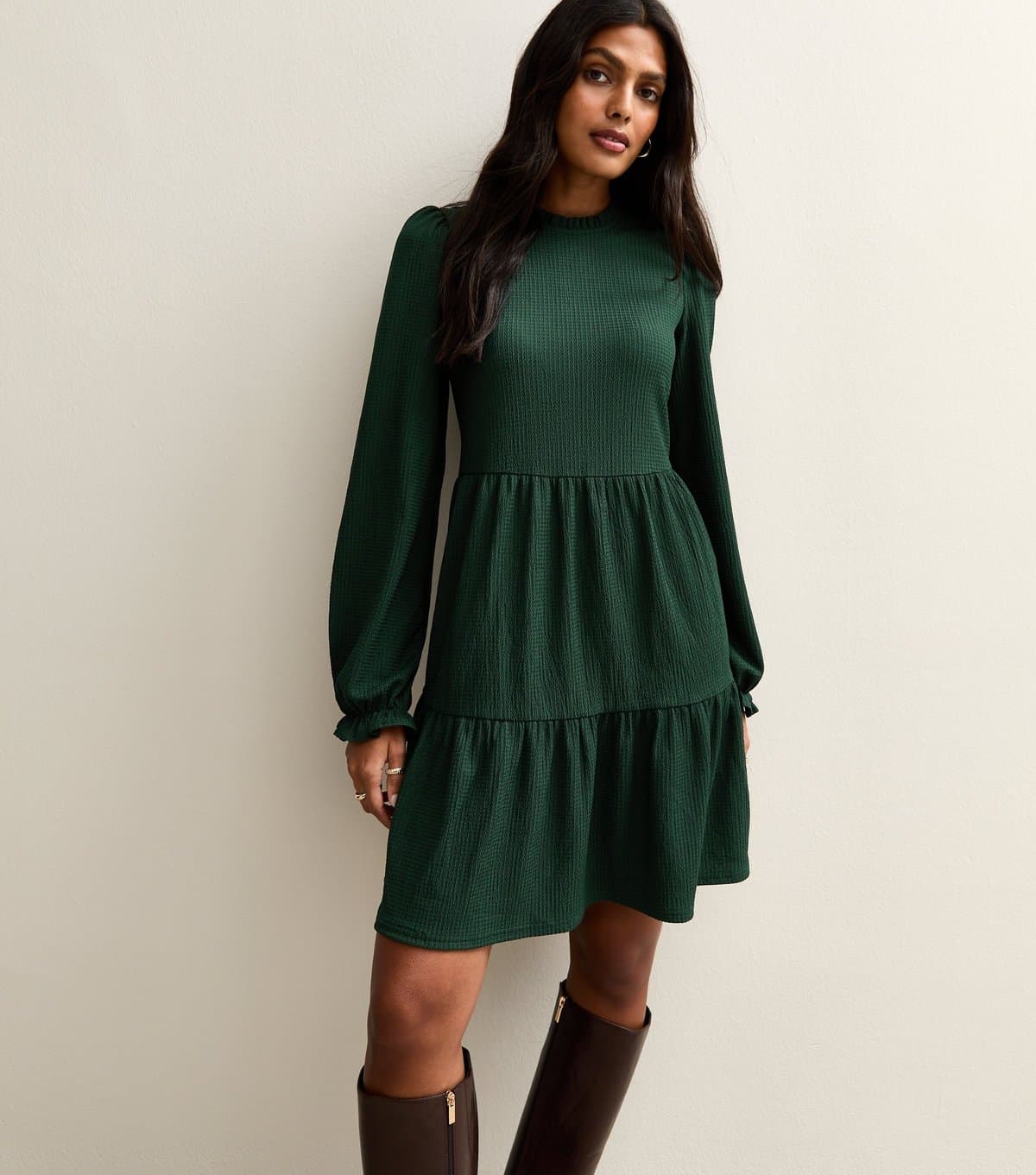 New Look Women's Dark Green Smocked Tiered Mini Dress New Look