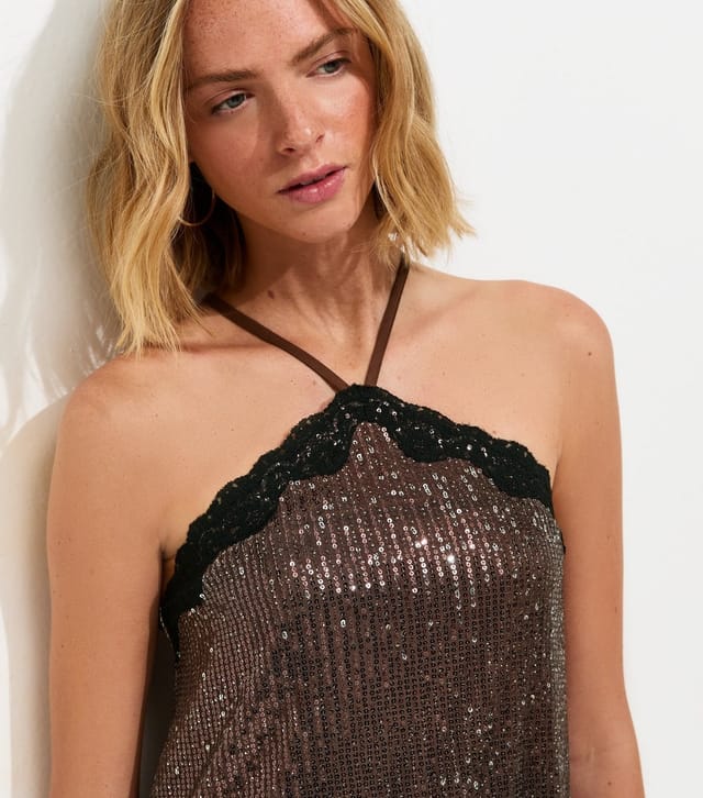 New Look Women's Dark Brown Sequin Embellished Lace Trim Mini Dress New Look - 2