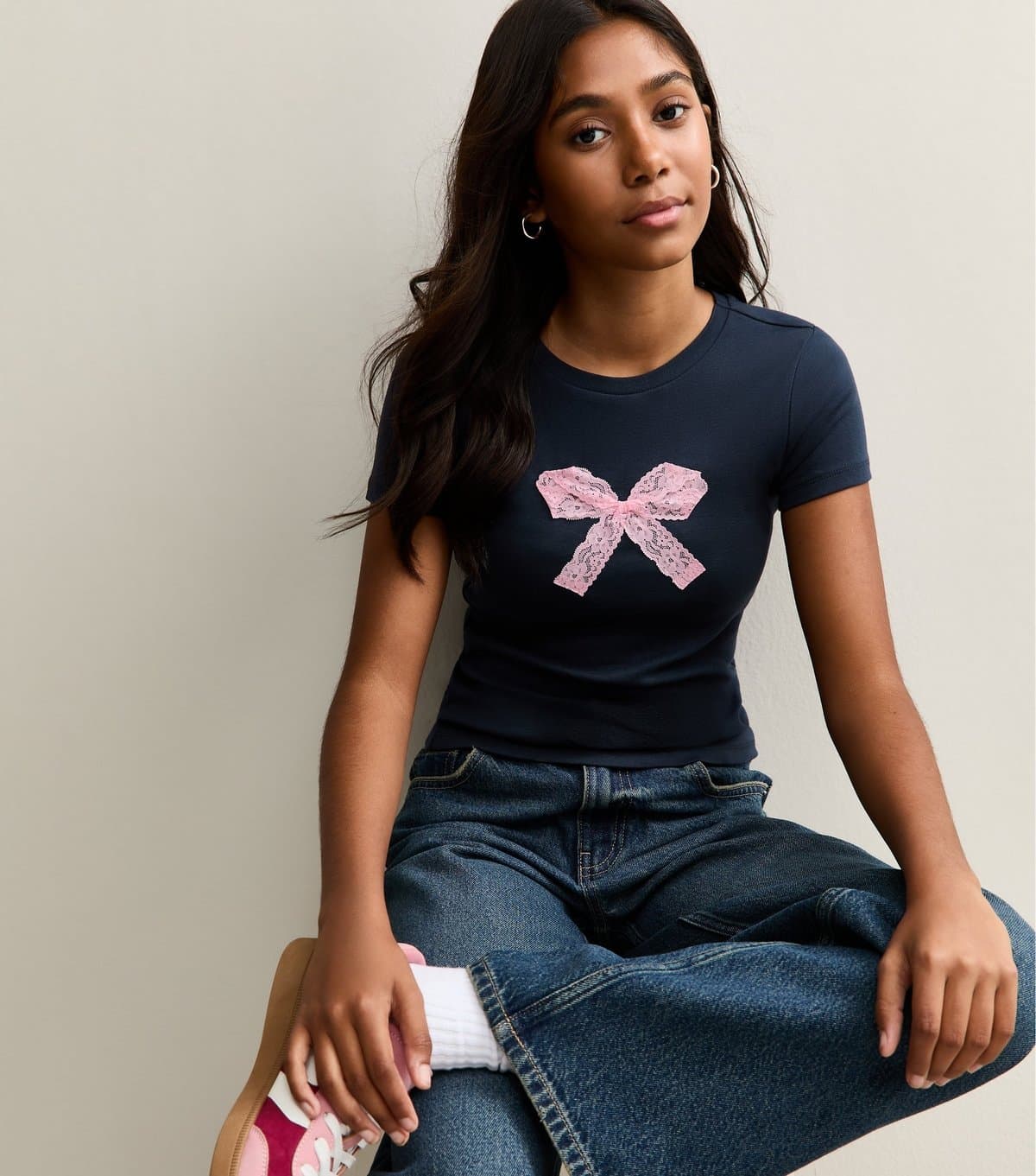 New Look Girls' Navy Cotton Bow Applique T-Shirt New Look