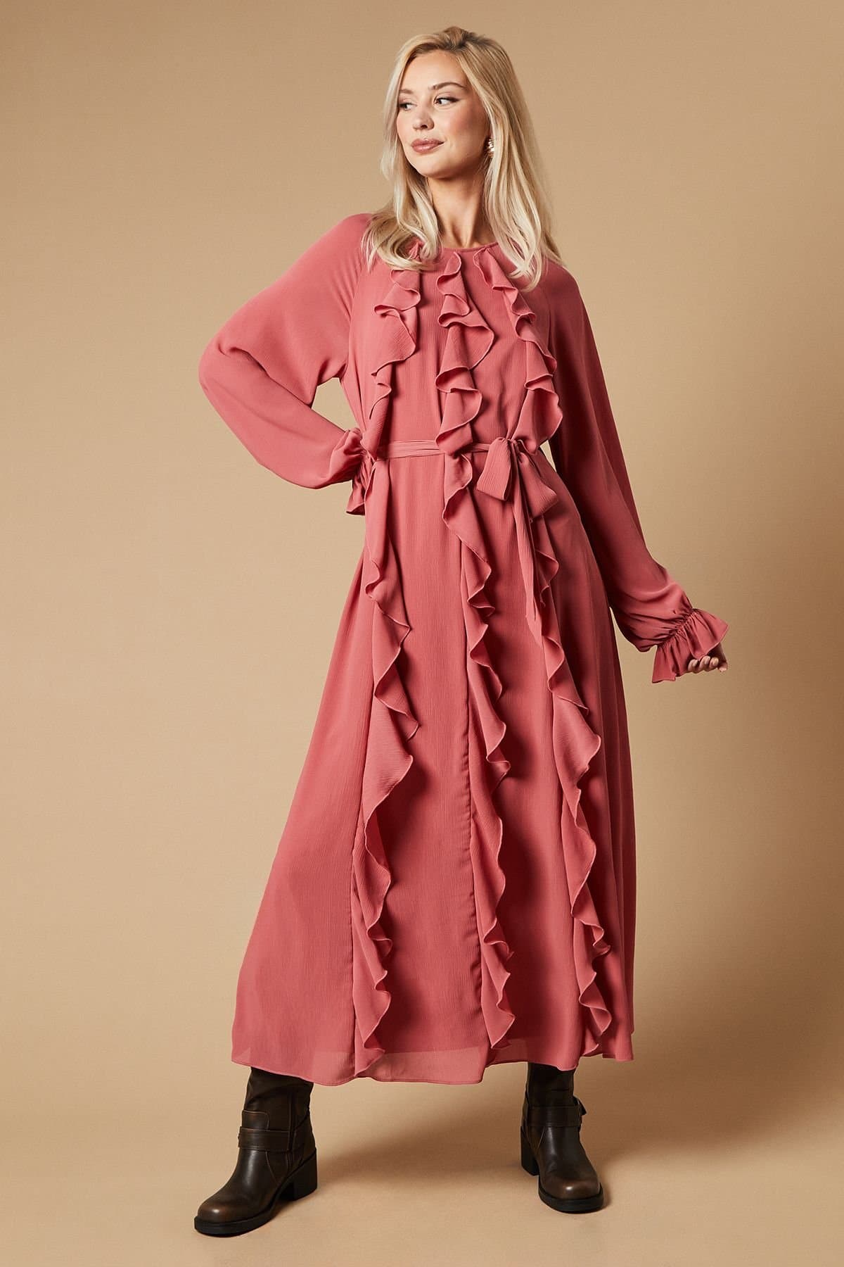 Oasis Oasis Women's Ruffle Chiffon Belted Midi Dress in Rose