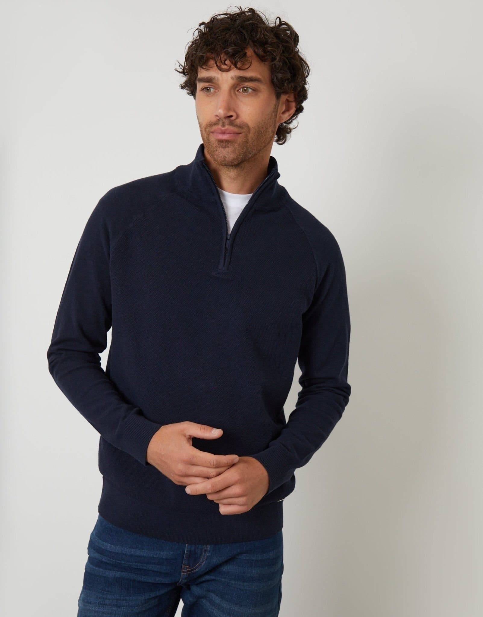 Threadbare threadbare Men's Raglan Knitted Quarter Zip Jumper in Blue