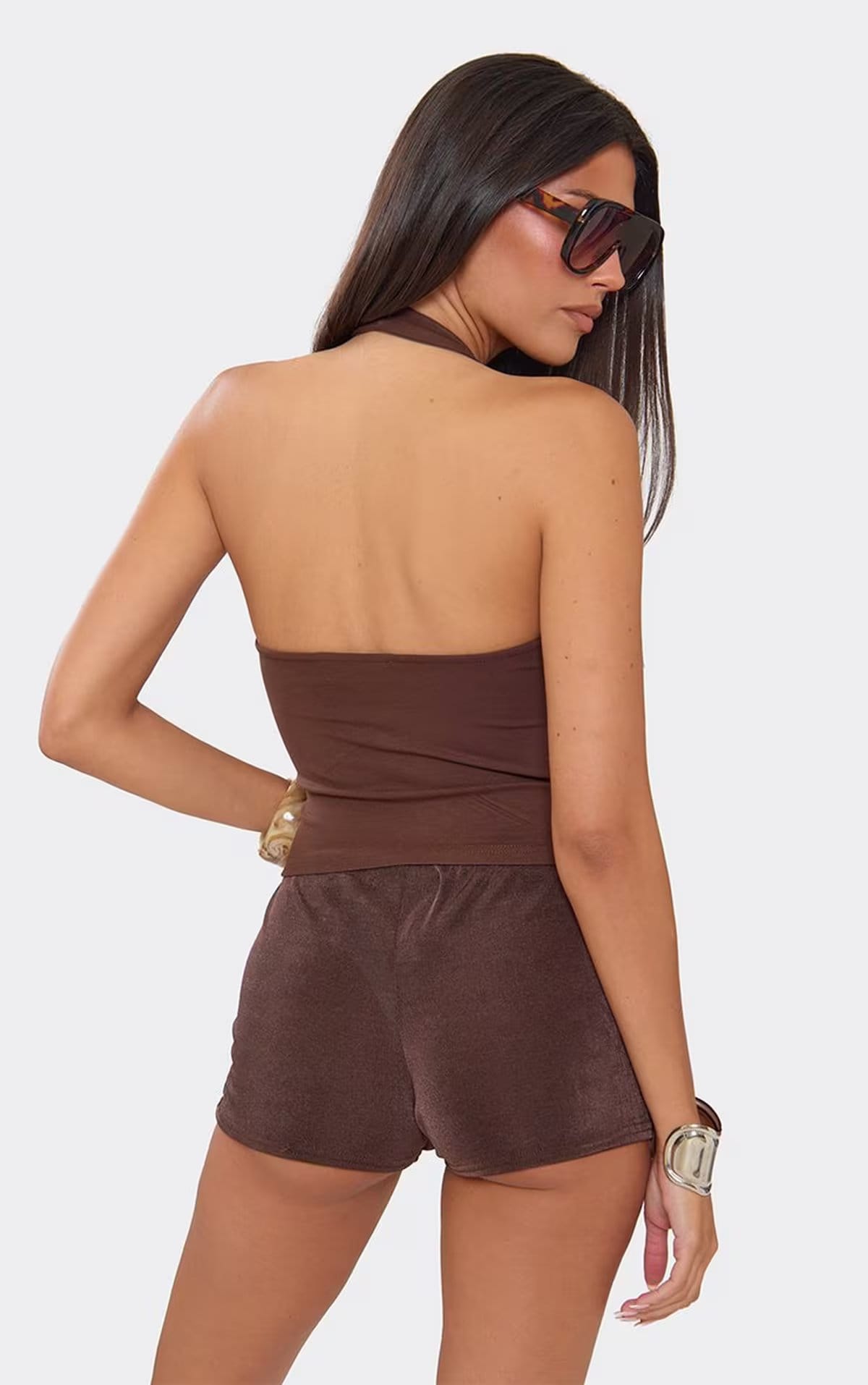 EGO Brown Soft Touch Scoop Halterneck Top With Button Trim
