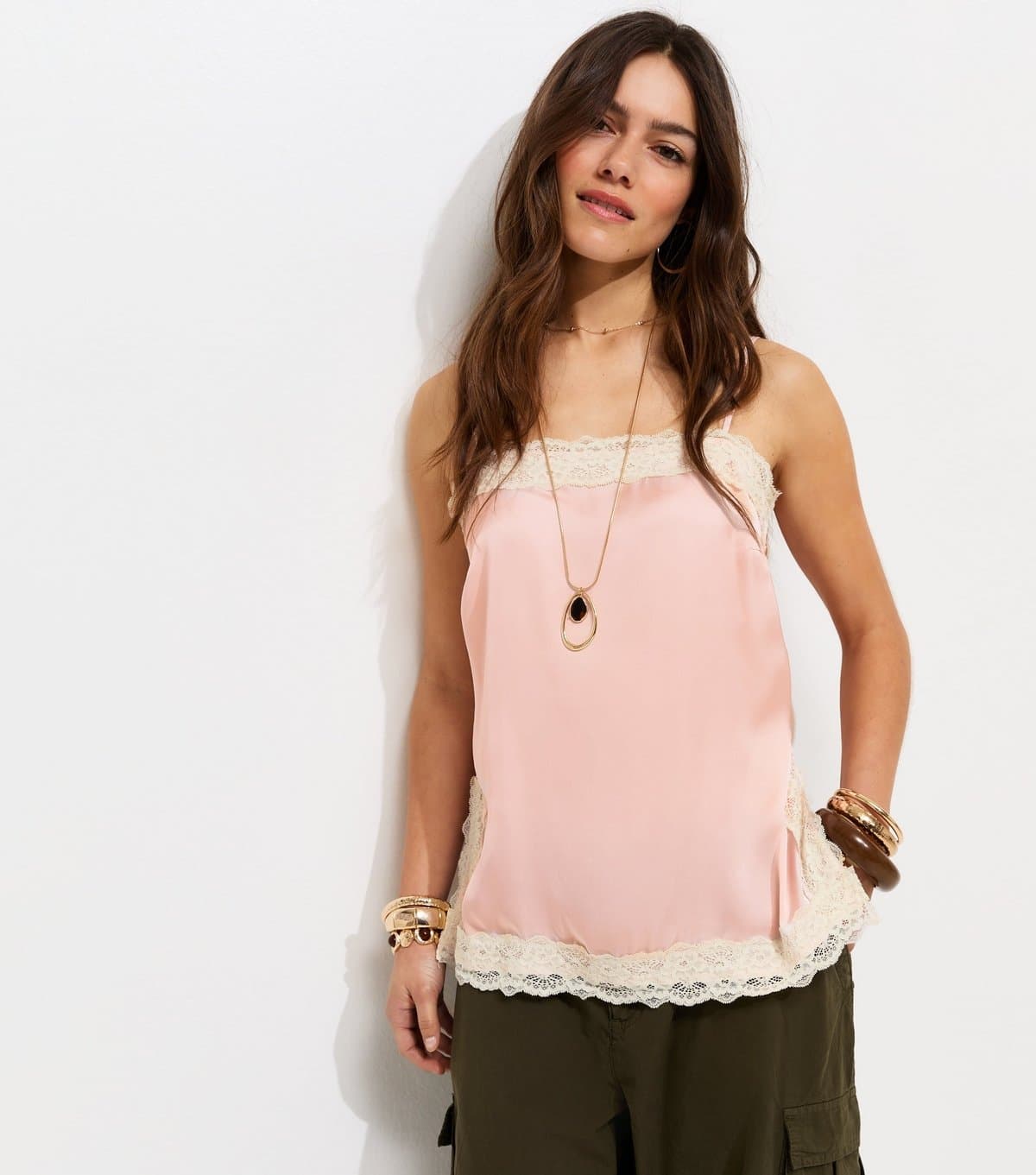 New Look Women's Petite Pink Satin Lace Trim Cami Top New Look