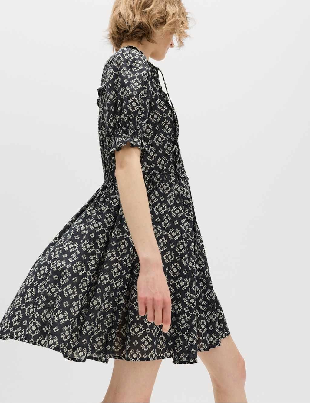 Marks & Spencer M&S Cotton Rich Printed Mini Waisted Dress Black Mix