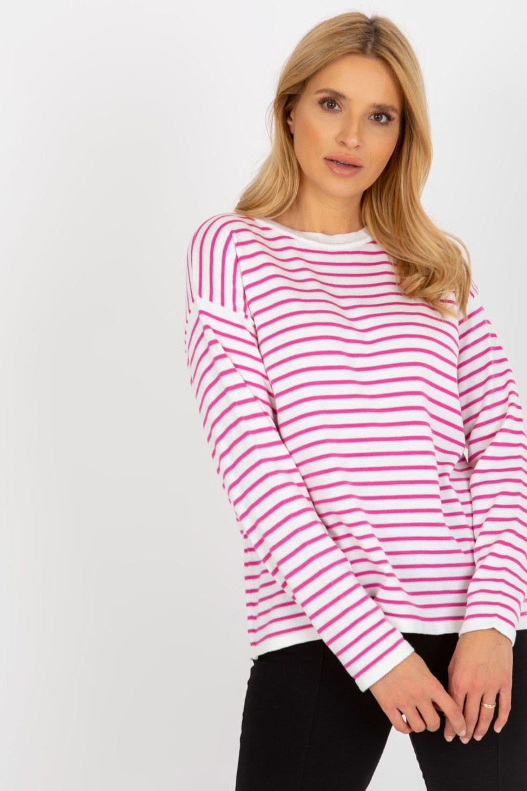 Love Lace Love Lace Women's Classic Stripe Long Sleeve Crew Sweater in Bright Pink