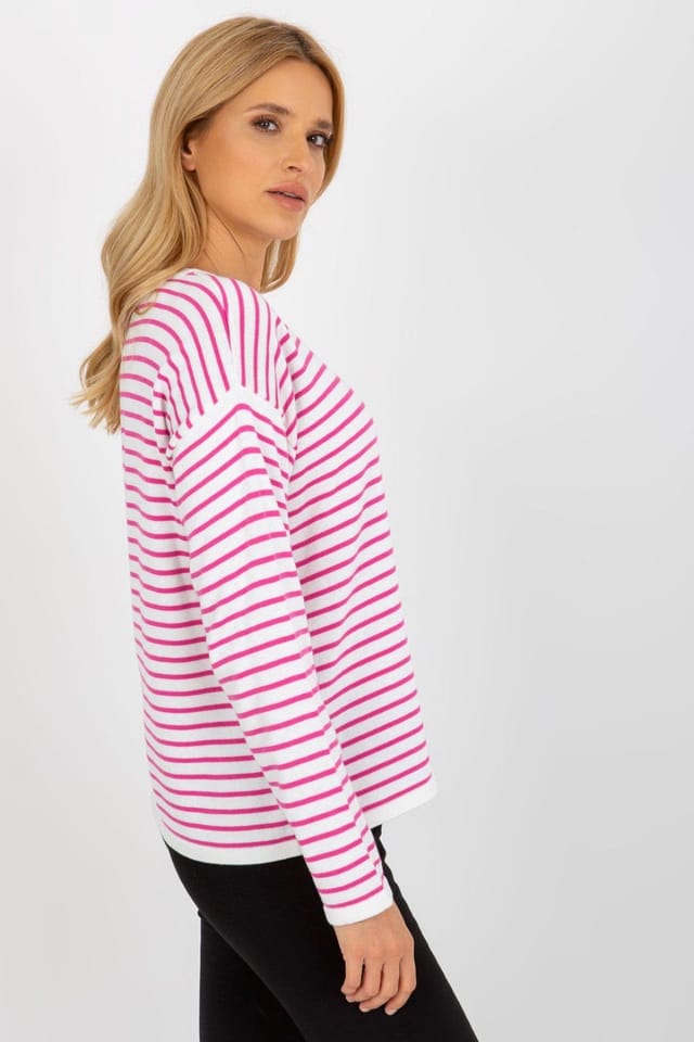 Love Lace Love Lace Women's Classic Stripe Long Sleeve Crew Sweater in Bright Pink - 2