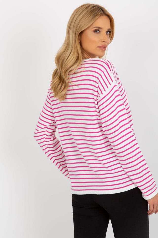 Love Lace Love Lace Women's Classic Stripe Long Sleeve Crew Sweater in Bright Pink - 3