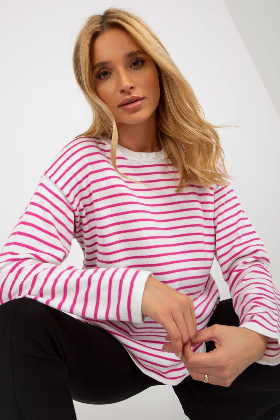 Love Lace Love Lace Women's Classic Stripe Long Sleeve Crew Sweater in Bright Pink - 4