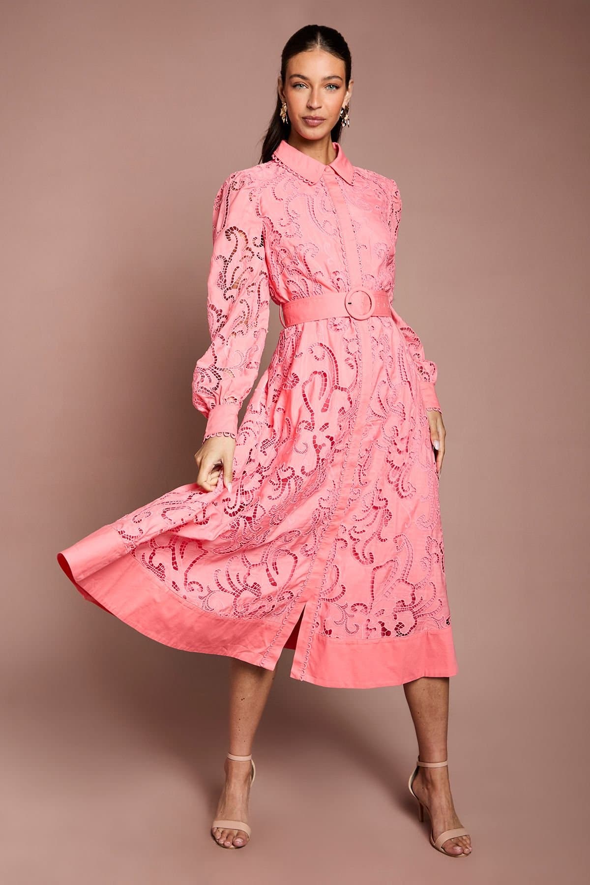 Coast Coast Women's Embroidered Cutout Belted Shirt Dress in Coral