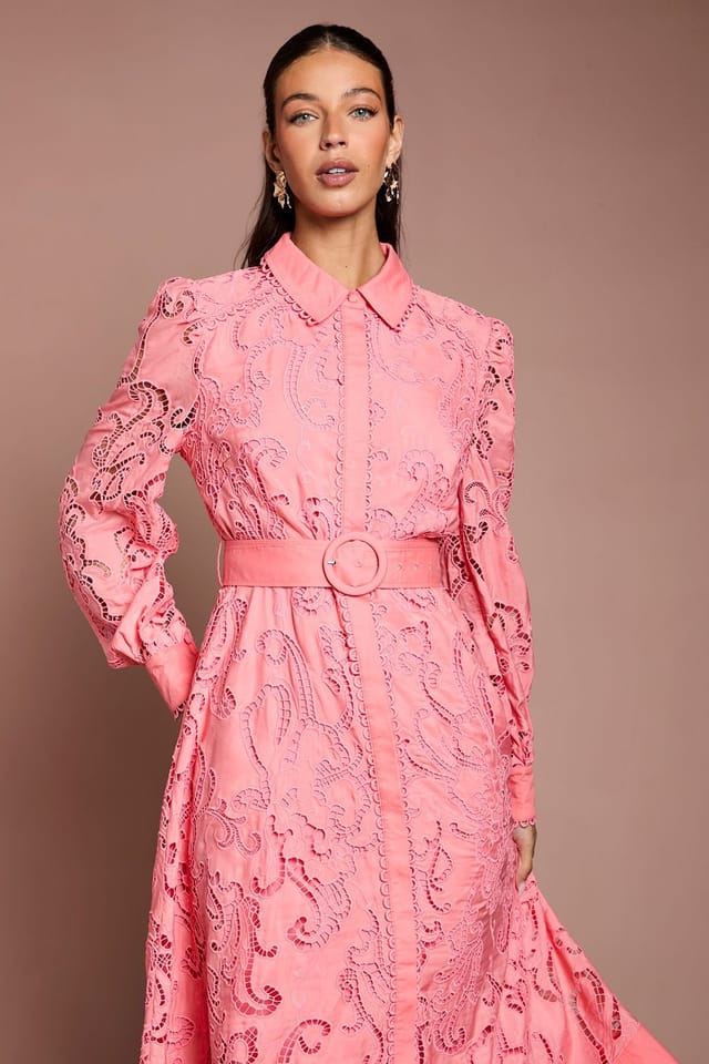 Coast Coast Women's Embroidered Cutout Belted Shirt Dress in Coral - 2