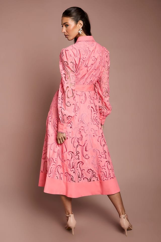 Coast Coast Women's Embroidered Cutout Belted Shirt Dress in Coral - 3