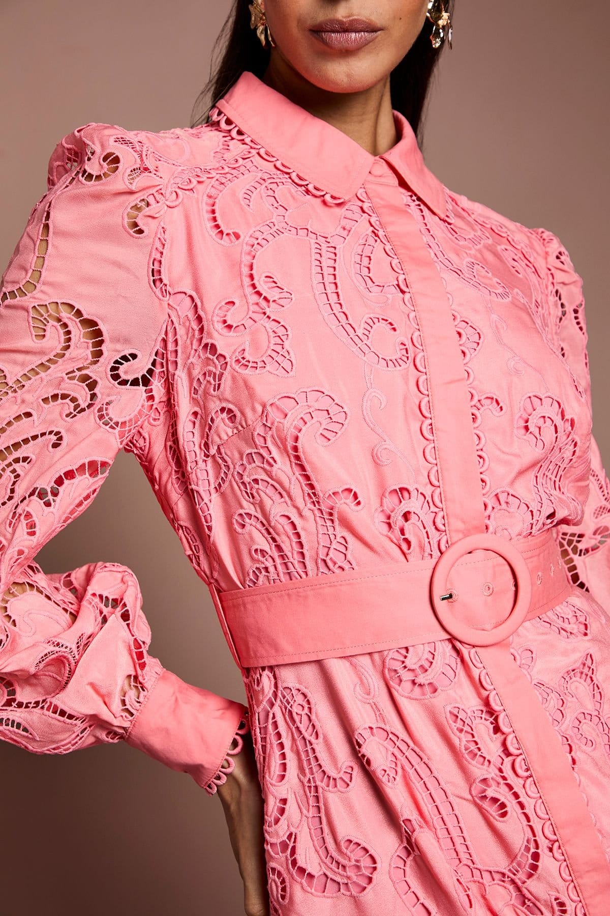 Coast Coast Women's Embroidered Cutout Belted Shirt Dress in Coral - 4