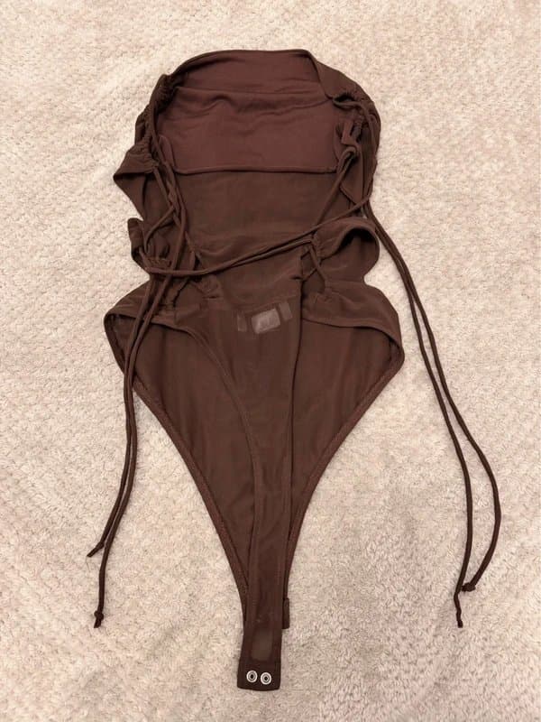 Bershka Brown Mesh Ruched Side Tie Bodysuit